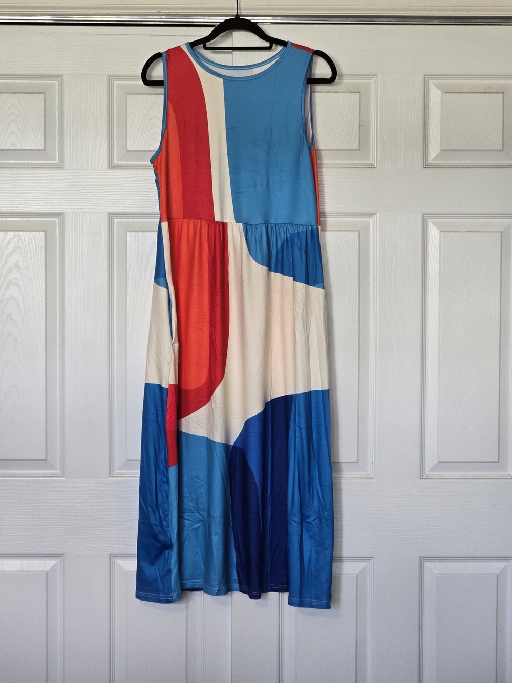 Source Unknown Colorblock Sleeveless Maxi Dress in Blue, Red & Cream